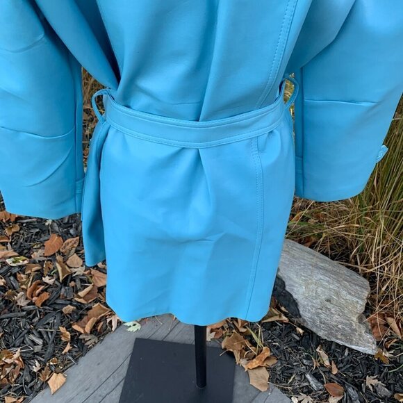 Vintage 60s 70s Faux Leather Trench Coat Belted Light Blue Overcoat - Picture 8 of 14